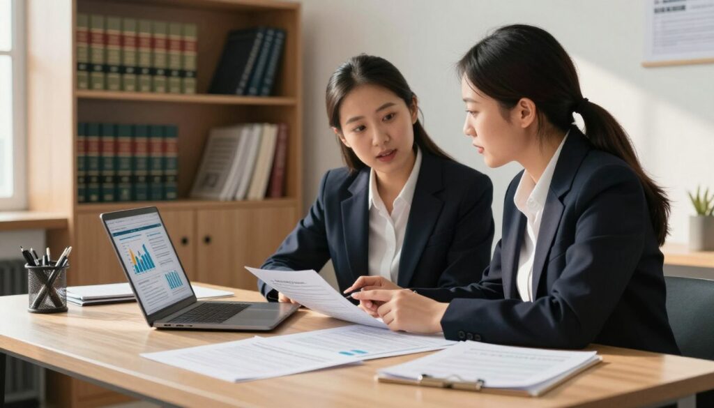 A warm and inviting office setting with a modern desk in the foreground, showcasing neatly arranged documents related to tax guidelines for children’s gifts. In the middle, a professional couple, dressed in smart business attire, are discussing the intricacies of tax matters, looking at a laptop screen with charts and figures. Behind them, a bookshelf filled with legal books and tax reference materials creates an informative atmosphere. Soft natural light streams in from a window, casting gentle shadows and highlighting the couple’s engaged expressions. The overall mood is focused and professional, emphasizing the importance of understanding tax implications when making gifts to children. The scene captures a moment of inquiry and learning, reflecting the section's theme effectively without distractions.