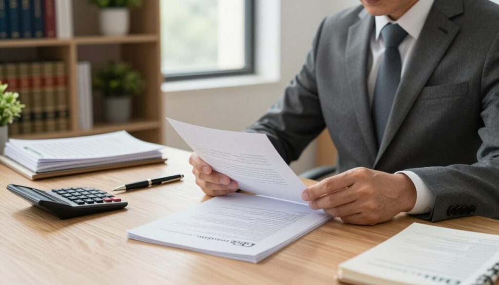 A well-organized desk in a professional office setting, featuring a notary public reviewing a legal will and tax documents. In the foreground, a focused middle-aged individual dressed in a tailored suit is examining the papers, with a thoughtfully arranged pen and a calculator nearby. The middle of the scene shows a soft-lit document with elegant calligraphy, symbolizing the testament, alongside a neatly stacked pile of tax forms. In the background, bookshelves filled with legal books and decorative plants create a calming environment. Natural light streams through a large window, casting gentle shadows and enhancing a serious yet hopeful atmosphere, emphasizing the importance of estate planning and taxation in a professional legal context.