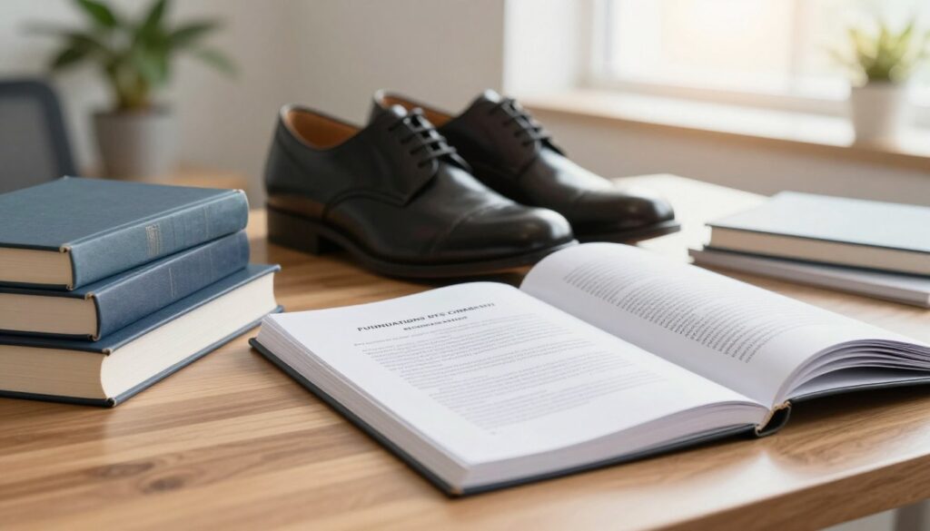 A well-organized legal document representing the foundations of footwear complaint law, prominently displayed on a wooden desk. In the foreground, there are neatly stacked legal books, some open, showcasing titles related to consumer rights and product warranty. The middle ground features a pair of stylish yet practical shoes, emphasizing the subject of the article. In the background, a softly blurred office setting with a potted plant and a window allowing warm, natural light to fill the space, creating an inviting atmosphere. The photograph has a focus on professionalism and clarity, shot from a slightly elevated angle to provide depth, using a warm color palette to evoke trust and reliability. No human subjects are present, ensuring a clean and focused image. A well-organized legal document representing the foundations of footwear complaint law, prominently displayed on a wooden desk. In the foreground, there are neatly stacked legal books, some open, showcasing titles related to consumer rights and product warranty. The middle ground features a pair of stylish yet practical shoes, emphasizing the subject of the article. In the background, a softly blurred office setting with a potted plant and a window allowing warm, natural light to fill the space, creating an inviting atmosphere. The photograph has a focus on professionalism and clarity, shot from a slightly elevated angle to provide depth, using a warm color palette to evoke trust and reliability. No human subjects are present, ensuring a clean and focused image.
