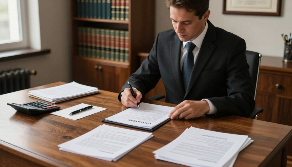 A well-organized office setting depicting the theme of inheritance costs, specifically focused on a notary public's workspace. In the foreground, there is a polished wooden desk with neatly arranged documents, including a will and financial papers, alongside a calculator and a pen. In the middle ground, a professional-looking notary sits in formal attire, reviewing the documents with a thoughtful expression. The background features shelves filled with legal books and a framed certificate on the wall, creating an atmosphere of professionalism and trust. Soft, natural lighting filters through a window, casting gentle shadows, evoking a calm and serious mood. The composition should be from a slightly elevated angle, emphasizing the details on the desk and highlighting the notary's concentration. A well-organized office setting depicting the theme of inheritance costs, specifically focused on a notary public's workspace. In the foreground, there is a polished wooden desk with neatly arranged documents, including a will and financial papers, alongside a calculator and a pen. In the middle ground, a professional-looking notary sits in formal attire, reviewing the documents with a thoughtful expression. The background features shelves filled with legal books and a framed certificate on the wall, creating an atmosphere of professionalism and trust. Soft, natural lighting filters through a window, casting gentle shadows, evoking a calm and serious mood. The composition should be from a slightly elevated angle, emphasizing the details on the desk and highlighting the notary's concentration.