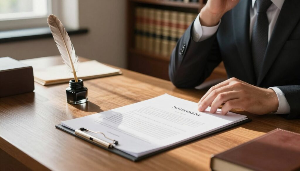 An elegant office setting featuring a wooden desk with important legal documents, including a notarial testament lying open. In the foreground, a professional individual, dressed in business attire, thoughtfully observes the documents. The middle area showcases a quill and inkpot, symbolizing the process of change and revocation of wills. A soft beam of natural light pours in from a nearby window, casting gentle shadows that enhance the atmosphere of contemplation and gravitas. In the background, shelves of law books line the wall, conveying knowledge and authority. The overall mood is serious yet reflective, highlighting the importance of the topic of testament changes and revocations. The composition should have a warm color palette, creating an inviting and professional ambiance.