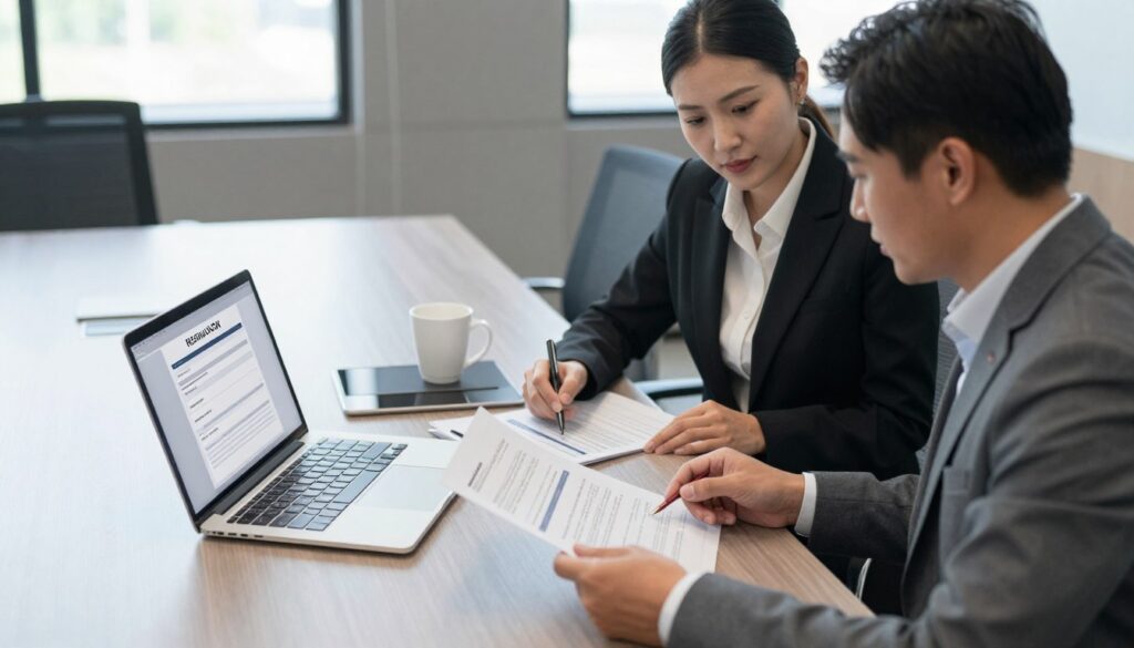 An office scene illustrating methods of submitting a resignation. In the foreground, a well-dressed professional man and woman in business attire are reviewing documents together at a sleek conference table. The middle ground features a laptop displaying an online resignation form and printed papers with templates and guidelines. The background includes an elegant office with large windows allowing soft, natural lighting to fill the space. The atmosphere is focused and collaborative, with a sense of professionalism. The camera angle is slightly elevated, capturing the interaction and the workspace around them, emphasizing the importance of the resignation process. No text or distractions in the image. An office scene illustrating methods of submitting a resignation. In the foreground, a well-dressed professional man and woman in business attire are reviewing documents together at a sleek conference table. The middle ground features a laptop displaying an online resignation form and printed papers with templates and guidelines. The background includes an elegant office with large windows allowing soft, natural lighting to fill the space. The atmosphere is focused and collaborative, with a sense of professionalism. The camera angle is slightly elevated, capturing the interaction and the workspace around them, emphasizing the importance of the resignation process. No text or distractions in the image.
