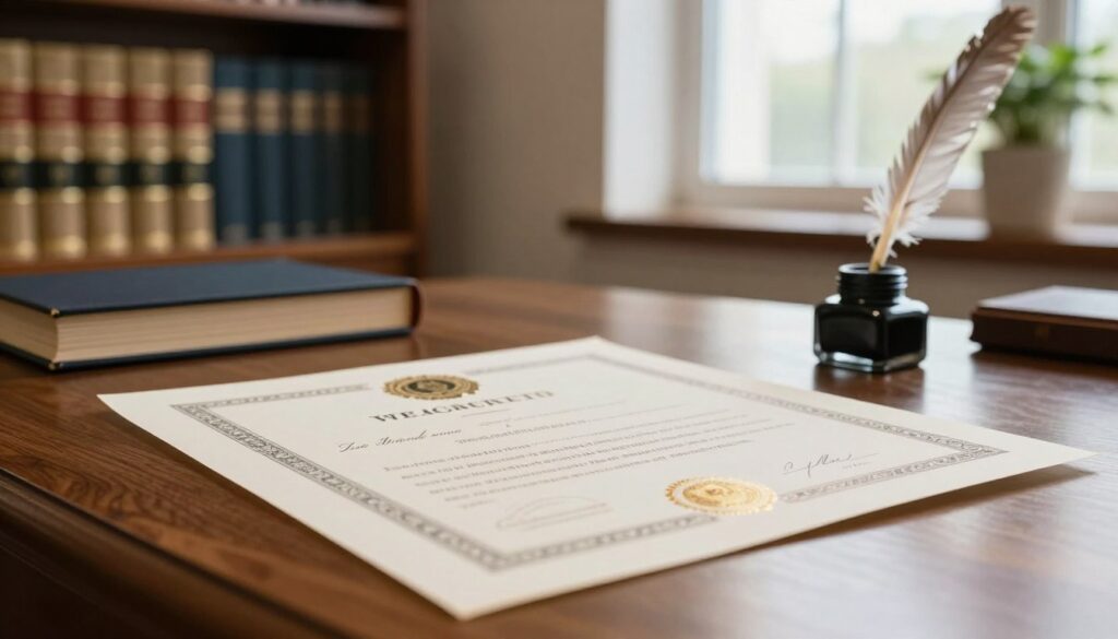 An official marriage certificate excerpt, elegantly styled and neatly organized on a wooden desk. In the foreground, focus on the document displaying intricate details, including a decorative border and an official seal, accompanied by a quill and an inkpot. In the middle ground, a subtle hint of a blurred, ornate office setting with shelves of legal books and potted plants adds depth. The background features soft, natural light filtering through a window, creating a warm, inviting atmosphere. The scene captures a professional, serious mood, emphasizing the importance of civil documents. The overall composition is clean and sophisticated, conveying a sense of authority and significance without any distractions or text elements.