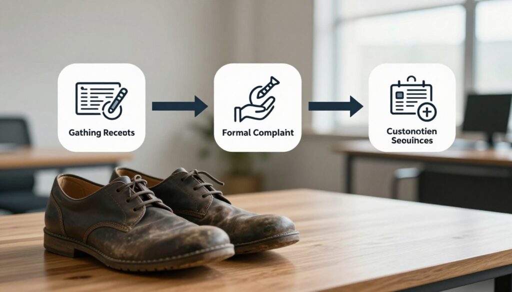 An organized layout depicting the key steps for shoe reclamation. In the foreground, a pair of slightly used shoes resting on a wooden table, showcasing their details like stitching and wear. In the middle, a step-by-step flowchart illustrating the reclamation process: starting with gathering receipts, writing a formal complaint, and following up with customer service. Each step is represented with clear icons and arrows. The background features a soft-focus office environment, with natural daylight pouring in through a window, creating a warm and inviting atmosphere. The image should have a professional feel, emphasizing clarity and accessibility, with no text or overlays present. An organized layout depicting the key steps for shoe reclamation. In the foreground, a pair of slightly used shoes resting on a wooden table, showcasing their details like stitching and wear. In the middle, a step-by-step flowchart illustrating the reclamation process: starting with gathering receipts, writing a formal complaint, and following up with customer service. Each step is represented with clear icons and arrows. The background features a soft-focus office environment, with natural daylight pouring in through a window, creating a warm and inviting atmosphere. The image should have a professional feel, emphasizing clarity and accessibility, with no text or overlays present.