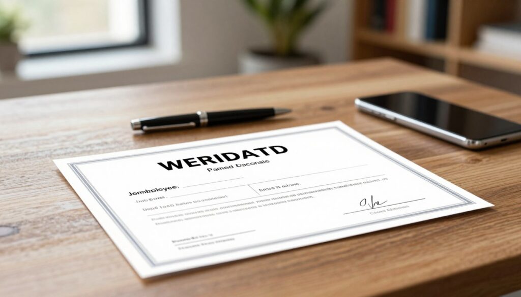 A close-up of a professional work certificate displayed prominently on an elegant wooden desk. In the foreground, the certificate features bold headings and neatly arranged sections, emphasizing key data such as employee name, job title, duration of employment, and signature lines. Soft, natural light filters through a nearby window, creating a warm and inviting atmosphere. In the middle ground, a sleek pen and a smartphone rest beside the certificate, suggesting a modern, efficient workspace. The background is softly blurred to keep the focus on the certificate, with hints of a plant and bookshelves adding an organizational feel. The overall mood is professional, highlighting the importance of accurate employment documentation. A close-up of a professional work certificate displayed prominently on an elegant wooden desk. In the foreground, the certificate features bold headings and neatly arranged sections, emphasizing key data such as employee name, job title, duration of employment, and signature lines. Soft, natural light filters through a nearby window, creating a warm and inviting atmosphere. In the middle ground, a sleek pen and a smartphone rest beside the certificate, suggesting a modern, efficient workspace. The background is softly blurred to keep the focus on the certificate, with hints of a plant and bookshelves adding an organizational feel. The overall mood is professional, highlighting the importance of accurate employment documentation.