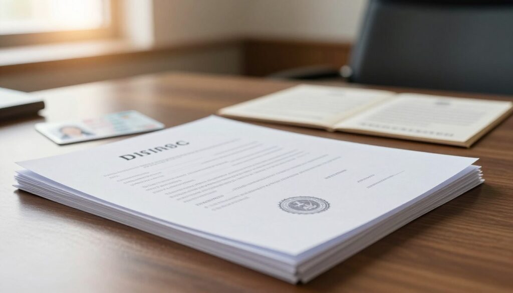A close-up scene of official documents confirming personal data and marital status, arranged on a polished wooden desk. In the foreground, a neatly stacked bundle of papers features a visible divorce decree with a prominent seal. Scattered around are a personal identification card and a birth certificate, all in a professional layout. The background shows a softly blurred office environment, with warm lighting illuminating the scene, creating an atmosphere of seriousness and professionalism. A lens flare from a window adds depth, emphasizing the importance of these documents. The overall mood is calm and focused, suitable for a legal context, highlighting the gravity of personal documentation.