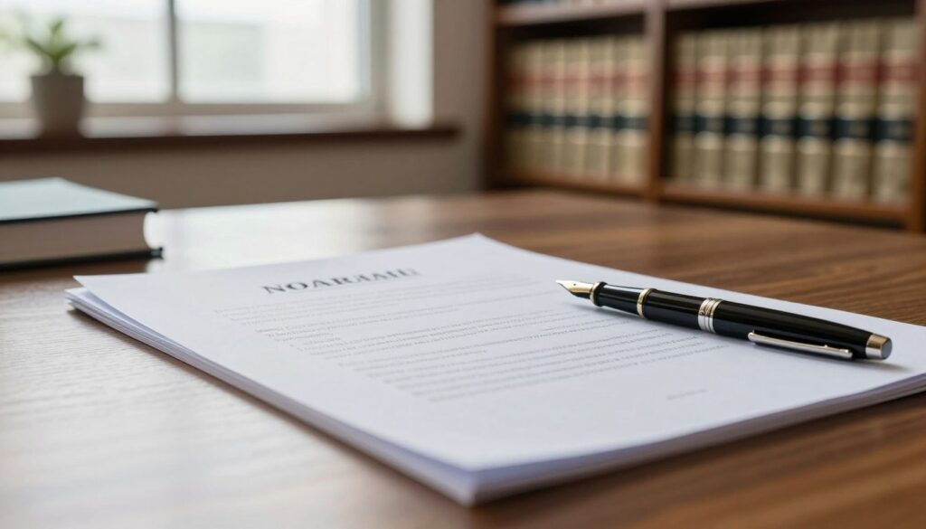 A close-up view of a formal office setting featuring a wooden desk with a neatly arranged notarial document and a fountain pen placed beside it. In the foreground, soft light highlights the textures of the paper and the intricate details of the pen, conveying a sense of professionalism. In the middle ground, blurred bookshelves filled with law books and legal texts create an academic atmosphere. The background should include a window with natural light streaming in, enhancing the mood of clarity and seriousness, while subtle plants add a touch of calmness. The scene should evoke contemplation and reflection on the significant topic of the nullity of notarial acts, with warm tones to promote an inviting yet serious environment. A close-up view of a formal office setting featuring a wooden desk with a neatly arranged notarial document and a fountain pen placed beside it. In the foreground, soft light highlights the textures of the paper and the intricate details of the pen, conveying a sense of professionalism. In the middle ground, blurred bookshelves filled with law books and legal texts create an academic atmosphere. The background should include a window with natural light streaming in, enhancing the mood of clarity and seriousness, while subtle plants add a touch of calmness. The scene should evoke contemplation and reflection on the significant topic of the nullity of notarial acts, with warm tones to promote an inviting yet serious environment.