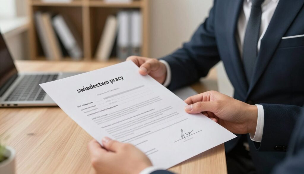 A close-up view of a professional workspace featuring a neatly arranged desk with a "świadectwo pracy" (certificate of employment) prominently displayed. The document is printed on high-quality paper, clearly showing the official layout and signature, symbolizing legitimacy and professionalism. In the background, a blurred image of a bookshelf filled with business books adds depth and context. Soft, warm lighting enhances the welcoming atmosphere of the office, suggesting reliability and trust. A well-dressed individual, in a smart suit, is seen attentively examining another document with a thoughtful expression, representing the practical aspect of navigating employment certificates. The angle of the shot creates an intimate yet professional mood, focusing on the importance of understanding work certificates in practice. A close-up view of a professional workspace featuring a neatly arranged desk with a "świadectwo pracy" (certificate of employment) prominently displayed. The document is printed on high-quality paper, clearly showing the official layout and signature, symbolizing legitimacy and professionalism. In the background, a blurred image of a bookshelf filled with business books adds depth and context. Soft, warm lighting enhances the welcoming atmosphere of the office, suggesting reliability and trust. A well-dressed individual, in a smart suit, is seen attentively examining another document with a thoughtful expression, representing the practical aspect of navigating employment certificates. The angle of the shot creates an intimate yet professional mood, focusing on the importance of understanding work certificates in practice.