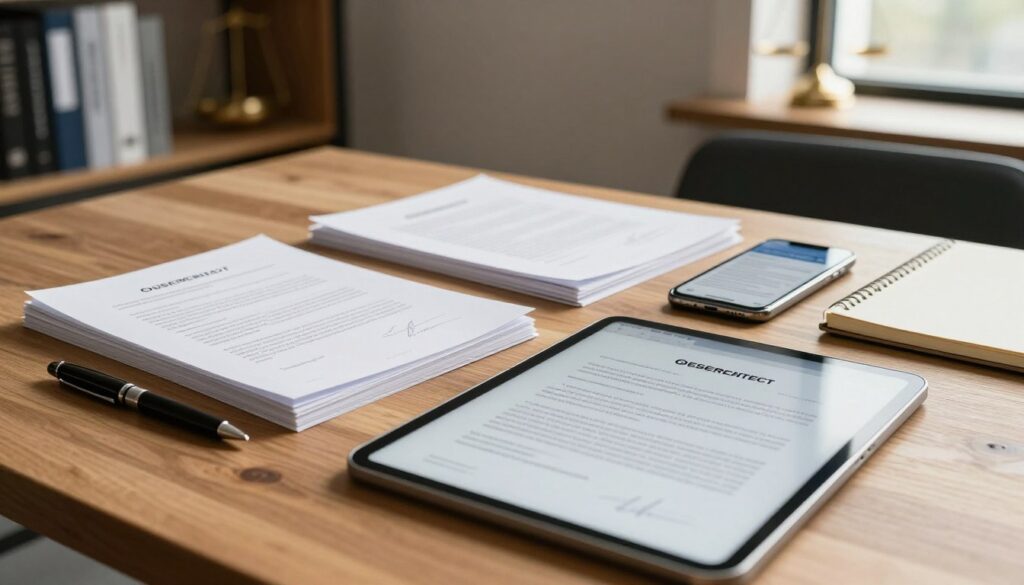 A close-up view of a wooden table featuring various practical examples of unsigned contracts, such as digital signatures on tablets and printed agreements, arranged neatly. In the foreground, a sleek tablet displays a digital contract in process, alongside pens and a notepad. The middle layer shows a stack of neatly organized papers and a smartphone with contract management software on the screen. The background features a softly blurred office setting with shelves filled with business books and legal decor, creating an atmosphere of professionalism and modernity. The lighting is warm and inviting, with natural sunlight streaming through a window, highlighting the textures of the wood and paper. The overall mood conveys focus and clarity in the context of business agreements. A close-up view of a wooden table featuring various practical examples of unsigned contracts, such as digital signatures on tablets and printed agreements, arranged neatly. In the foreground, a sleek tablet displays a digital contract in process, alongside pens and a notepad. The middle layer shows a stack of neatly organized papers and a smartphone with contract management software on the screen. The background features a softly blurred office setting with shelves filled with business books and legal decor, creating an atmosphere of professionalism and modernity. The lighting is warm and inviting, with natural sunlight streaming through a window, highlighting the textures of the wood and paper. The overall mood conveys focus and clarity in the context of business agreements.
