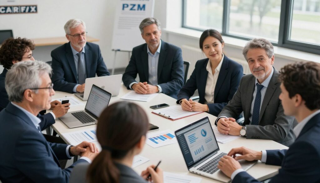 A collaborative scene showcasing experts (rzeczoznawcy) interacting with representatives from professional institutions, including elements that represent CARFAX and PZM. In the foreground, a diverse group of professionals are engaged in discussion, wearing business attire, with facial expressions reflecting concentration and teamwork. The middle ground features tables with documents, charts, and laptops displaying relevant industry data. In the background, an institutional setting can be seen, with large windows allowing natural light to flood the room, creating a warm, inviting atmosphere. The overall mood is one of professionalism and cooperation, emphasizing the significance of collaboration in the expertise field. Use a slightly elevated angle to enhance depth, with soft, even lighting to make the scene approachable yet serious. A collaborative scene showcasing experts (rzeczoznawcy) interacting with representatives from professional institutions, including elements that represent CARFAX and PZM. In the foreground, a diverse group of professionals are engaged in discussion, wearing business attire, with facial expressions reflecting concentration and teamwork. The middle ground features tables with documents, charts, and laptops displaying relevant industry data. In the background, an institutional setting can be seen, with large windows allowing natural light to flood the room, creating a warm, inviting atmosphere. The overall mood is one of professionalism and cooperation, emphasizing the significance of collaboration in the expertise field. Use a slightly elevated angle to enhance depth, with soft, even lighting to make the scene approachable yet serious.