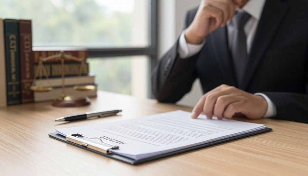 A conceptual image illustrating the legal aspects of a contract without a signature. In the foreground, a neatly arranged wooden desk featuring a pen, an open contract document with various legal symbols like scales of justice, and highlighted text that emphasizes legal terms. In the middle, a blurred figure of a professional in business attire, deep in thought, reviewing the document. The background features soft-focus law books and a large window casting natural light, creating a warm and focused atmosphere. The lighting is bright but not harsh, suggesting a sense of professionalism and contemplation, with shadows adding depth to the scene. The composition should evoke a sense of seriousness and clarity regarding legal matters. A conceptual image illustrating the legal aspects of a contract without a signature. In the foreground, a neatly arranged wooden desk featuring a pen, an open contract document with various legal symbols like scales of justice, and highlighted text that emphasizes legal terms. In the middle, a blurred figure of a professional in business attire, deep in thought, reviewing the document. The background features soft-focus law books and a large window casting natural light, creating a warm and focused atmosphere. The lighting is bright but not harsh, suggesting a sense of professionalism and contemplation, with shadows adding depth to the scene. The composition should evoke a sense of seriousness and clarity regarding legal matters.