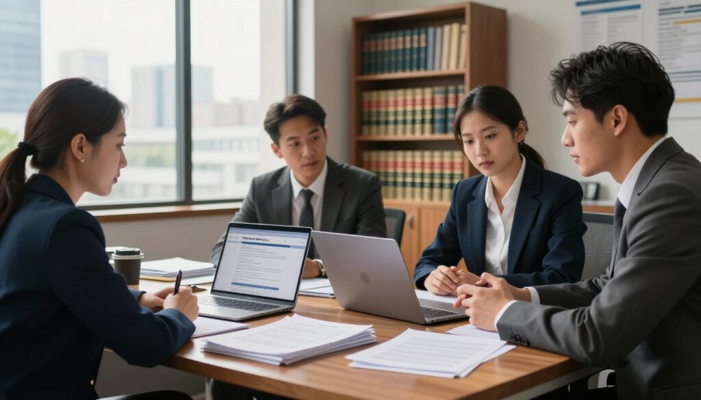 A contemporary office setting in the foreground, featuring a polished wooden desk with stacks of legal documents and a laptop open to a real estate law webpage. A professional, diverse group of individuals (two men and one woman) dressed in business attire, engaged in a discussion about property regulations. In the middle ground, a large window with natural light flooding in, casting soft shadows. In the background, a bookshelf filled with law books and property regulations, alongside a wall adorned with a cityscape view through the glass. The atmosphere conveys a sense of collaboration and professionalism, emphasizing the importance of legal sources and regulations in real estate. The lighting is bright and inviting, creating a focused yet warm mood, with a slight depth-of-field effect to draw attention to the main subjects.
