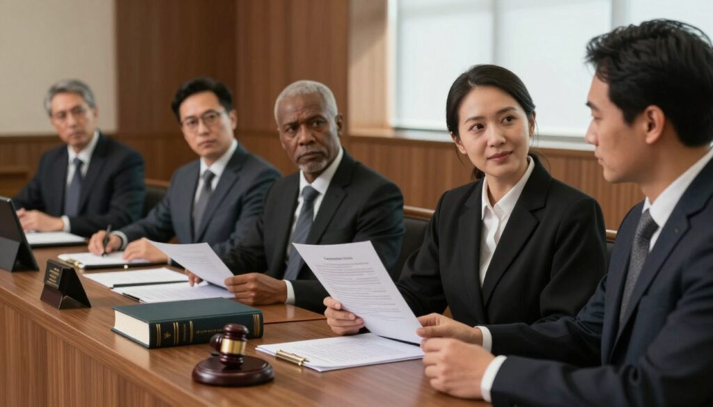 A courtroom scene focusing on the legal requirements of guardianship, featuring a diverse group of professionals in business attire. In the foreground, a confident lawyer is presenting documents to a judge, highlighting legal texts that represent laws and regulations. The middle ground includes a table with various legal books and papers scattered about, symbolizing complex legal procedures. In the background, wooden paneling and a large window allow soft, natural light to fill the space, casting subtle shadows. The atmosphere is serious and professional, evoking a sense of importance and urgency in legal matters. The scene captures the essence of legal proceedings concerning guardianship without any text or distractions.