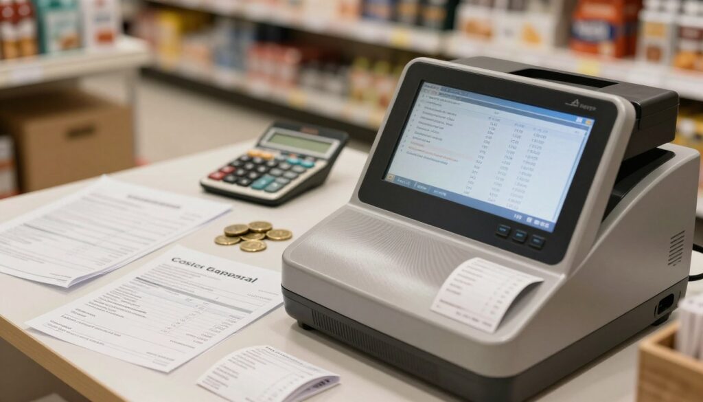 A detailed and informative scene showcasing the cost and operating expenses of a fiscal cash register. In the foreground, a close-up of a sleek, modern cash register, its screen displaying transaction data and receipts. Surrounding it, neatly arranged financial documents, including invoices and receipts, emphasizing cost details. In the middle ground, a small calculator and a set of coins symbolize budgeting and finances. The background features a softly blurred retail environment, illustrating a store setup with shelves and products. The lighting is warm and inviting, casting subtle shadows that create a professional atmosphere. The overall mood is analytical and business-focused, encouraging thoughts of expense assessment and management in a commercial space. A detailed and informative scene showcasing the cost and operating expenses of a fiscal cash register. In the foreground, a close-up of a sleek, modern cash register, its screen displaying transaction data and receipts. Surrounding it, neatly arranged financial documents, including invoices and receipts, emphasizing cost details. In the middle ground, a small calculator and a set of coins symbolize budgeting and finances. The background features a softly blurred retail environment, illustrating a store setup with shelves and products. The lighting is warm and inviting, casting subtle shadows that create a professional atmosphere. The overall mood is analytical and business-focused, encouraging thoughts of expense assessment and management in a commercial space.