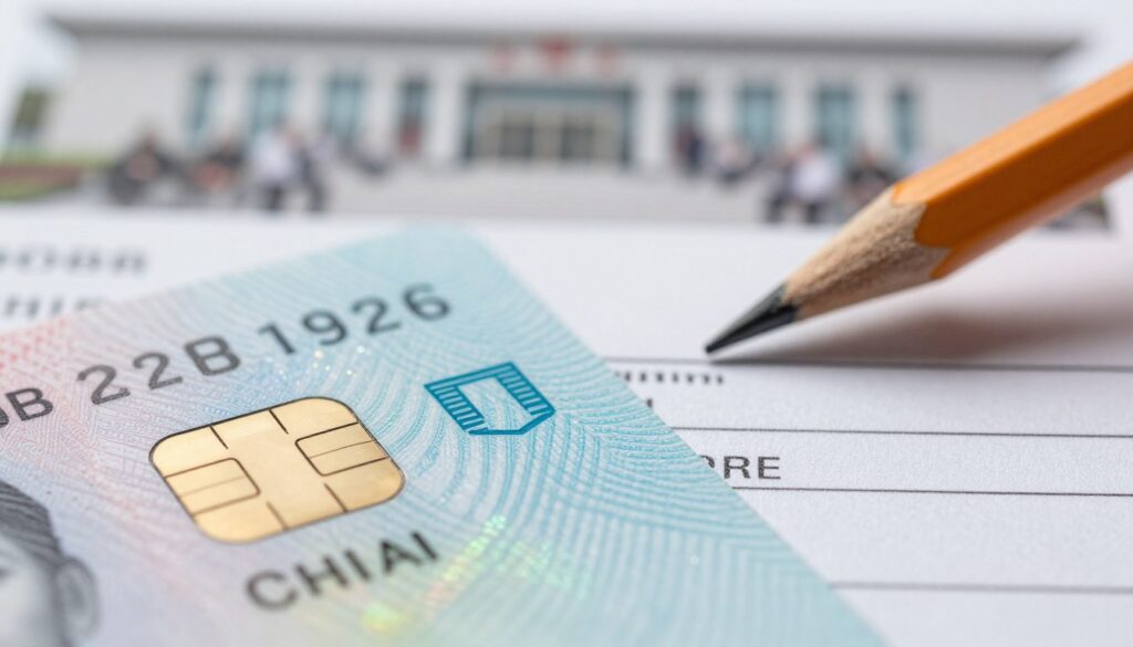 A detailed close-up of the electronic layer of an identity card, showcasing intricate microchip designs and holographic elements. In the foreground, focus on the shimmering surface of the card, with a glimmer of light reflecting off its polished edges. The middle ground features a blurred pencil pushing against a paper application form, symbolizing the connection to identity verification. In the background, a faint silhouette of a government office or busy waiting room, giving a sense of urgency and administrative significance. The lighting is soft but clear, creating a professional atmosphere, with a depth of field that emphasizes the card's features. The overall mood is authoritative and informative, ideal for illustrating essential information related to identity applications. A detailed close-up of the electronic layer of an identity card, showcasing intricate microchip designs and holographic elements. In the foreground, focus on the shimmering surface of the card, with a glimmer of light reflecting off its polished edges. The middle ground features a blurred pencil pushing against a paper application form, symbolizing the connection to identity verification. In the background, a faint silhouette of a government office or busy waiting room, giving a sense of urgency and administrative significance. The lighting is soft but clear, creating a professional atmosphere, with a depth of field that emphasizes the card's features. The overall mood is authoritative and informative, ideal for illustrating essential information related to identity applications.