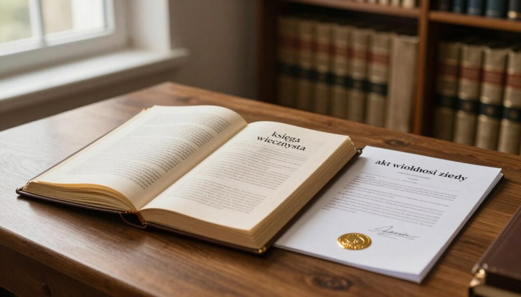 A detailed, focused depiction of a "księga wieczysta" (land registry book) open on a wooden desk, showcasing its ornate cover and intricate pages filled with legal text and property descriptions. Nestled next to the book is a "akt własności ziemi" (land ownership act) document, with a golden seal and signature, hinting at its importance in property law. In the background, a softly lit office environment enhances the mood, featuring shelves lined with law books and a large window letting in warm, natural light. The angle is slightly above, capturing the desk as the foreground, while soft shadows create a professional and solemn atmosphere. The image should exude a sense of importance and seriousness, reflecting the significance of land ownership in legal matters.