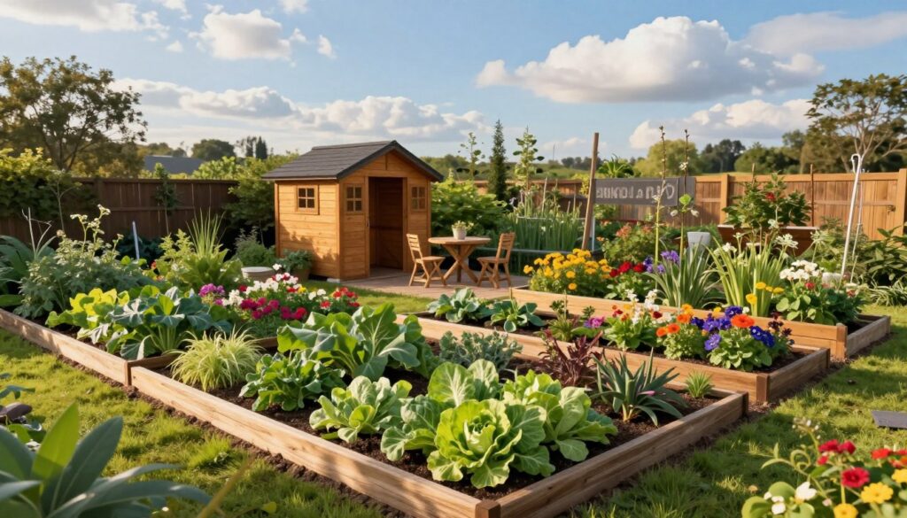 A detailed illustration of a "Struktura działki ROD" showcasing a well-organized garden plot. In the foreground, vibrant, lush vegetables and flowering plants, neatly arranged in rectangular beds with wooden borders. In the middle ground, a charming wooden garden shed and a small patio area with a rustic table and chairs, surrounded by colorful flower beds. In the background, a clear blue sky with fluffy white clouds and a distant view of tree lines. The lighting is warm, suggesting a late afternoon sun, casting gentle shadows. The mood is serene and inviting, reflecting the tranquility of a leisure garden. The angle of the image is slightly elevated to capture the entire landscape, focusing on the layout and structure of the garden plot without any people or text elements.