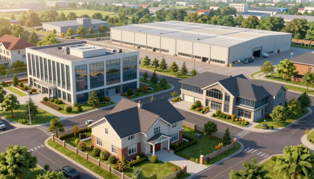 A detailed illustration of various types of real estate, showcasing residential, commercial, and industrial properties. In the foreground, a charming suburban house with a well-kept garden, symbolizing residential properties. In the middle, a modern office building with glass façades representing commercial real estate. Further back, an expansive warehouse illustrating industrial property. The scene is bathed in warm afternoon sunlight, casting soft shadows. Capture the scene from a slight aerial angle to provide a sprawling view of the different types of properties. Surround the properties with lush greenery to enhance the appeal and create a harmonious atmosphere, reflecting professionalism and stability. Ensure the image is devoid of any text or watermarks.