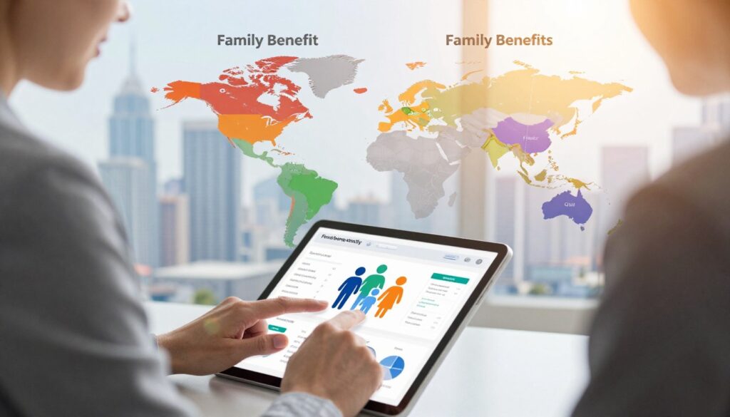 A detailed infographic-style image comparing international family benefit solutions. In the foreground, feature a professional-looking person in business attire, analyzing data on a tablet with family-related icons like children, money, and support services. In the middle ground, include a split chart or graph showing various countries and their family benefit systems, clearly labeled and color-coded. In the background, create a soft-focus city skyline to represent global perspectives. Use bright, engaging colors to convey optimism and support. Soft lighting enhances the professional atmosphere, with a lens effect that slightly blurs the background, drawing attention to the data analysis in the foreground.