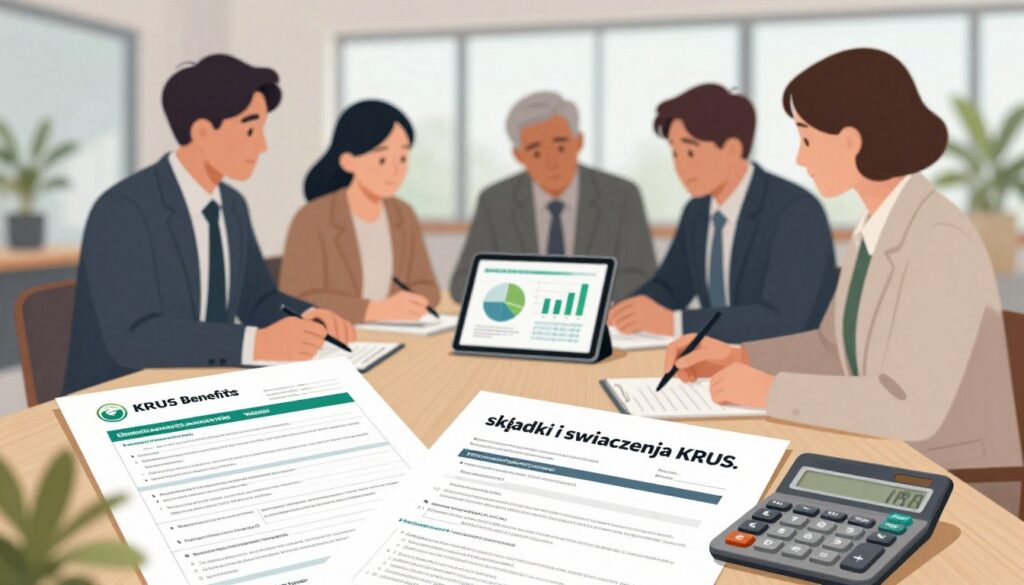 A detailed, professional illustration showcasing the concept of "składki i świadczenia KRUS." In the foreground, a well-organized desk featuring documents related to KRUS contributions, benefits forms, and a calculator, representing financial planning. In the middle ground, a diverse group of professionals dressed in business attire are engaged in a discussion, reviewing charts and graphs on a digital tablet that displays statistics on agricultural insurance contributions. In the background, a soft-focus office environment with a large window letting in natural light, creating a warm and collaborative atmosphere. The scene conveys a sense of reliability and support in managing KRUS benefits, emphasizing the importance of understanding contributions and entitlements for farmers. A detailed, professional illustration showcasing the concept of "składki i świadczenia KRUS." In the foreground, a well-organized desk featuring documents related to KRUS contributions, benefits forms, and a calculator, representing financial planning. In the middle ground, a diverse group of professionals dressed in business attire are engaged in a discussion, reviewing charts and graphs on a digital tablet that displays statistics on agricultural insurance contributions. In the background, a soft-focus office environment with a large window letting in natural light, creating a warm and collaborative atmosphere. The scene conveys a sense of reliability and support in managing KRUS benefits, emphasizing the importance of understanding contributions and entitlements for farmers.