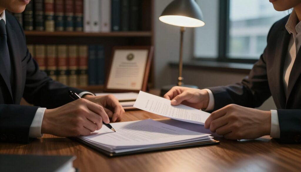 A dimly lit, professional office setting featuring a wooden desk with a stack of legal documents, including a notarial act, open and partially illuminated by a desk lamp. In the foreground, a pair of hands meticulously reviewing the documents, dressed in professional business attire, conveying a sense of seriousness and diligence. In the middle ground, shelves lined with legal books and a framed certificate, suggesting a scholarly environment. The background includes a blurred window, hinting at a cityscape outside, creating a sense of depth. Soft shadows and warm light create a contemplative atmosphere, emphasizing the seriousness of challenging a legal document. The image should evoke professionalism, diligence, and the complexity of legal procedures. A dimly lit, professional office setting featuring a wooden desk with a stack of legal documents, including a notarial act, open and partially illuminated by a desk lamp. In the foreground, a pair of hands meticulously reviewing the documents, dressed in professional business attire, conveying a sense of seriousness and diligence. In the middle ground, shelves lined with legal books and a framed certificate, suggesting a scholarly environment. The background includes a blurred window, hinting at a cityscape outside, creating a sense of depth. Soft shadows and warm light create a contemplative atmosphere, emphasizing the seriousness of challenging a legal document. The image should evoke professionalism, diligence, and the complexity of legal procedures.