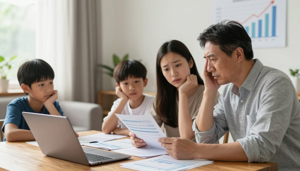 A family gathered around a dining table filled with financial documents and a laptop, engaged in focused discussion. In the foreground, a middle-aged couple, dressed in smart casual attire, appear concerned yet hopeful, as they look over a budget plan. Their children, a teenage girl and a young boy, are seated nearby, contributing ideas with expressions of curiosity and understanding. The background features a bright, cozy living room with sunlight streaming through the window, illuminating a chart on the wall showing a positive trend in family finances. The mood reflects optimism, determination, and collaboration, with soft lighting enhancing the warmth of the scene.
