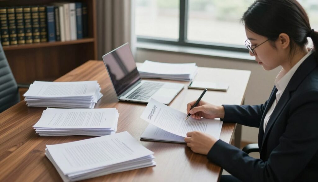 A legal office setting featuring a large, polished wooden desk with well-organized stacks of legal documents and contracts spread out. In the foreground, a professional woman in business attire reviews a contract with a focused expression, her glasses slightly perched on her nose. The middle section showcases a bookshelf filled with legal texts and case laws, with a modern laptop open beside the documents. In the background, there's a large window letting in soft, natural light that illuminates the room, creating a serene and professional atmosphere. The angle captures the scene from slightly above, highlighting the details of the desk and the woman's concentration, evoking a sense of diligence and professionalism in the realm of legal service agreements.