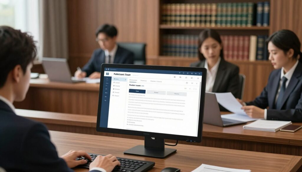 A modern courtroom setting showcasing a digital information portal for public courts. In the foreground, a sleek computer screen displays a user-friendly interface with options for accessing legal documents and case files. The middle ground includes a stylish desk occupied by individuals in professional business attire, engaged in reviewing documents and discussing cases, emphasizing the collaborative aspect of legal proceedings. In the background, soft-focus elements of a contemporary courtroom, such as wood paneling and shelves filled with legal books, create a formal atmosphere. Soft, natural lighting illuminates the scene, highlighting the importance of transparency in access to legal information. The overall mood is one of professionalism and diligence, reflecting the seriousness of legal matters and the efficient use of technology in the judicial process.
