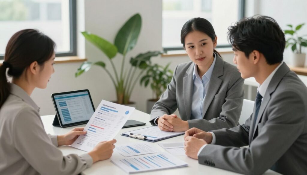 A modern healthcare consultation scene set in a well-lit office environment. In the foreground, a diverse group of three professionals dressed in smart business attire — a woman examining a healthcare package brochure and two men discussing options. In the middle, a sleek table with various medical pamphlets and a tablet displaying healthcare plans, surrounded by indoor plants that add a touch of nature. The background showcases a large window with soft daylight filtering through, illuminating the room and creating a warm atmosphere. The overall mood is collaborative and informative, emphasizing the importance of selecting the right medical package. The angle is slightly elevated, capturing the interaction and engagement among the individuals. A modern healthcare consultation scene set in a well-lit office environment. In the foreground, a diverse group of three professionals dressed in smart business attire — a woman examining a healthcare package brochure and two men discussing options. In the middle, a sleek table with various medical pamphlets and a tablet displaying healthcare plans, surrounded by indoor plants that add a touch of nature. The background showcases a large window with soft daylight filtering through, illuminating the room and creating a warm atmosphere. The overall mood is collaborative and informative, emphasizing the importance of selecting the right medical package. The angle is slightly elevated, capturing the interaction and engagement among the individuals.