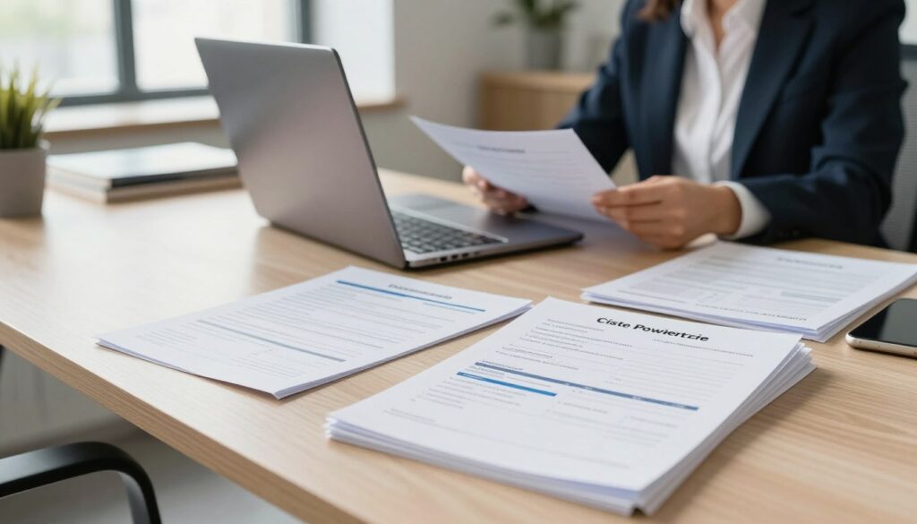 A modern office setting depicting a well-organized desk with essential documents spread out, such as application forms and checklists for "Czyste Powietrze" program. In the foreground, a thoughtfully arranged stack of paperwork with visible headings like "Dokumentacja" and "Terminy składania wniosków." The middle ground features an open laptop displaying a government website, with a soft glow emanating from the screen. In the background, a professional-looking business person in smart attire is reviewing materials with a focused expression. The scene is lit with natural daylight streaming through a large window, creating an inviting and productive atmosphere. The overall mood is one of diligence and preparation, reflecting the importance of clarity and organization in the application process.