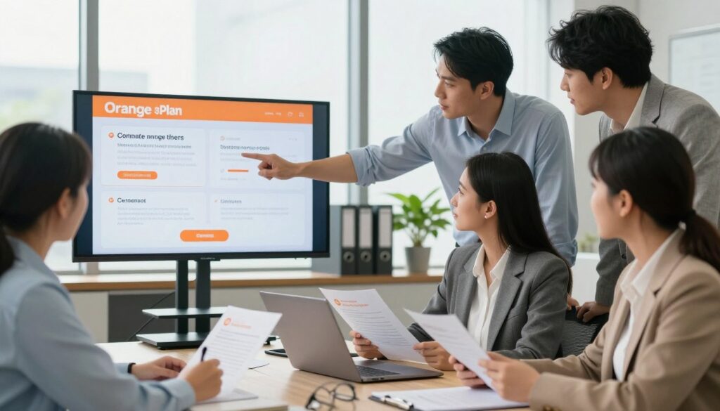 A modern office setting focused on a professional, diverse group of individuals engaged in a discussion. In the foreground, a woman in business attire is sitting at a desk, examining documents related to an Orange contract on a laptop. A man, also dressed professionally, stands beside her, pointing to a chart displayed on a screen, illustrating various Orange plan options. In the middle ground, there are filing cabinets and a plant to add a touch of greenery. The background features large windows letting in soft, natural light, creating a bright and inviting atmosphere. The image conveys a sense of collaboration and focus, perfect for an instructional guide on renewing a mobile contract.