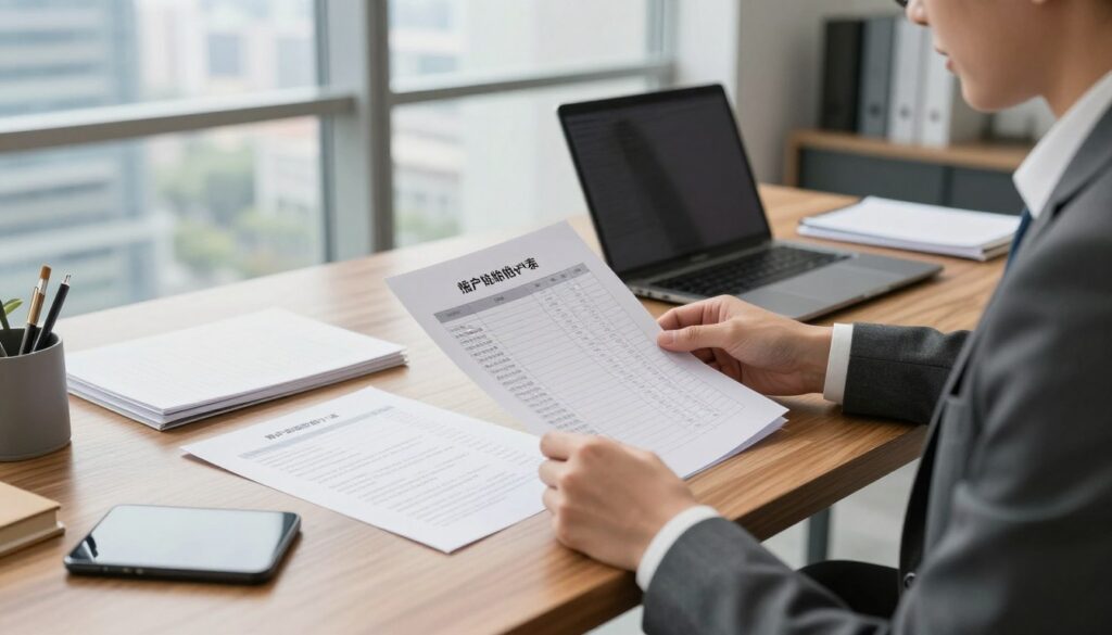 A modern office setting highlighting a property appraiser's pricing list, visually organized on a sleek wooden desk. In the foreground, a well-dressed property appraiser examines documents with a thoughtful expression, wearing a tailored suit. The middle layer features a clean, detailed pricing chart and client reviews spread out on the desk, surrounded by elegant stationery and a stylish laptop. The background shows a large window with natural light pouring in, casting soft shadows, and a cityscape view that suggests professionalism and success. The atmosphere is focused and serene, evoking a sense of trust and expertise in property appraisal services.