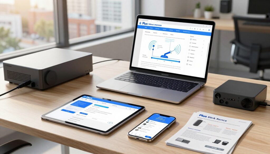 A modern workspace showcasing various telecommunications equipment related to Plus subscription services. In the foreground, a stylish desk with a tablet and a smartphone displaying user interfaces for checking subscription status, alongside detailed brochures outlining equipment options and fees. The middle layer features a sleek laptop open to a page with diagrams of signal reception and channels. In the background, an urban view through large windows, bathed in warm, natural light, creating an inviting atmosphere. The camera angle is slightly above eye level, providing a comprehensive overview of the workspace. The overall mood is professional yet accessible, reflecting a focus on technology and customer service.