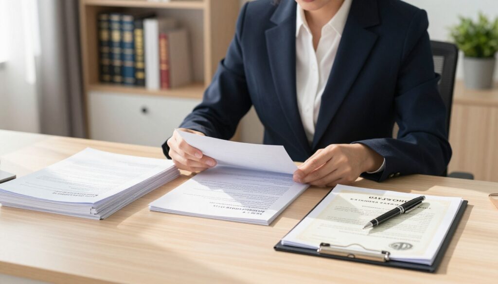 A neatly organized desk in a well-lit, modern office setting, showcasing essential documents for a notarial act. In the foreground, a stack of important papers, including property deeds, identification documents, and a notarial certificate, with a sleek pen resting on top. In the middle, a professional businesswoman in smart attire, reviewing the documents with a focused expression. In the background, a warm, inviting bookshelf filled with legal books and a potted plant, enhancing the atmosphere of professionalism. Soft, natural lighting from a nearby window creates gentle shadows, emphasizing the clarity and importance of the documents. The image conveys a sense of trust and diligence in the real estate notarization process. A neatly organized desk in a well-lit, modern office setting, showcasing essential documents for a notarial act. In the foreground, a stack of important papers, including property deeds, identification documents, and a notarial certificate, with a sleek pen resting on top. In the middle, a professional businesswoman in smart attire, reviewing the documents with a focused expression. In the background, a warm, inviting bookshelf filled with legal books and a potted plant, enhancing the atmosphere of professionalism. Soft, natural lighting from a nearby window creates gentle shadows, emphasizing the clarity and importance of the documents. The image conveys a sense of trust and diligence in the real estate notarization process.