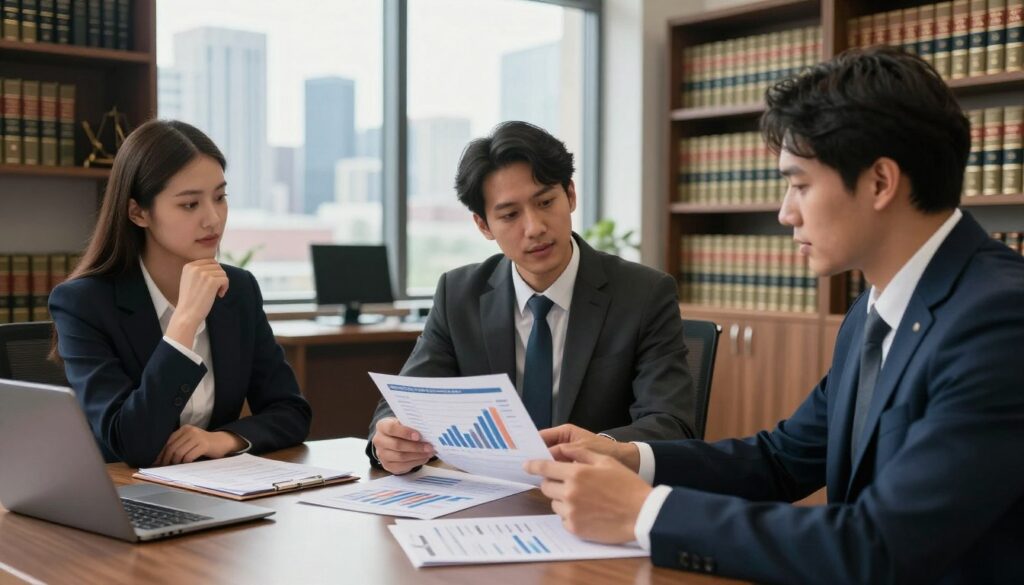 A polished office environment showcasing various factors influencing lawyer salaries. In the foreground, a diverse group of three legal professionals in business attire analyzes charts and graphs filled with statistics and data, symbolizing the dynamics of salary factors. In the middle ground, a large window lets in natural light, highlighting a city skyline, representing the urban setting where lawyers operate. The background features shelves filled with law books and a modern desk with legal documents. The lighting is warm and inviting, creating a professional yet approachable atmosphere. The focus is sharp, capturing expressions of thoughtfulness and collaboration as they discuss important elements like experience, specialization, and location's influence on compensation.