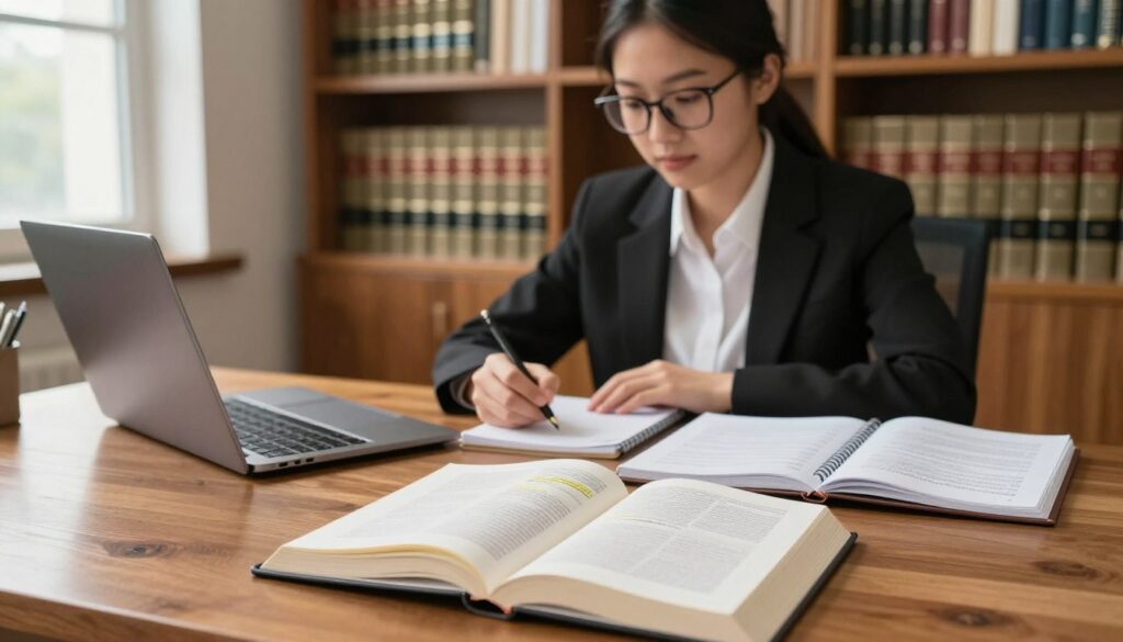 A practical guide to legal citation in an academic setting. The foreground features an open legal book with highlighted passages and a polished wooden desk with a sleek laptop and a notepad filled with citations. In the middle ground, a focused individual in professional business attire, a young woman with glasses, sits at the desk, taking notes while looking thoughtfully at the book. The background shows a well-organized bookshelf filled with legal texts and academic journals, bathed in warm, natural lighting from a nearby window. The atmosphere conveys a sense of diligence and scholarly pursuit, creating an inviting study environment ideal for deep concentration and research. Use a slightly blurred background to emphasize the subject in the foreground.