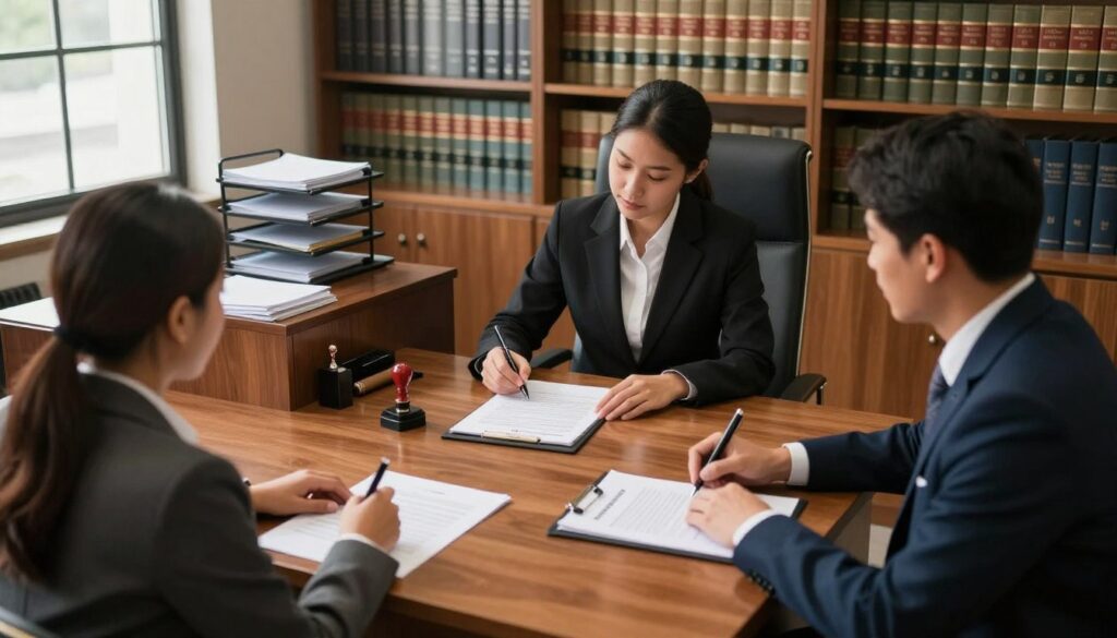 A professional and inviting office environment where a notary public is facilitating the signing of a notarial deed. In the foreground, a diverse group of three individuals, dressed in formal business attire, are seated at a polished wooden table filled with legal documents, pens, and a notary seal. The middle ground displays a notary public, attentively explaining the document details and ensuring clarity, surrounded by matching furniture and an organized file system. The background consists of shelves filled with law books and a large window allowing natural light to flood the room, creating a warm and trustworthy atmosphere. The scene is composed from a slightly elevated angle, conveying professionalism and trust, with an overall focus on the signing process and the logistics of legal transactions. A professional and inviting office environment where a notary public is facilitating the signing of a notarial deed. In the foreground, a diverse group of three individuals, dressed in formal business attire, are seated at a polished wooden table filled with legal documents, pens, and a notary seal. The middle ground displays a notary public, attentively explaining the document details and ensuring clarity, surrounded by matching furniture and an organized file system. The background consists of shelves filled with law books and a large window allowing natural light to flood the room, creating a warm and trustworthy atmosphere. The scene is composed from a slightly elevated angle, conveying professionalism and trust, with an overall focus on the signing process and the logistics of legal transactions.