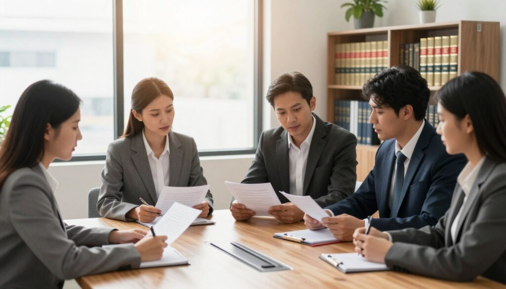A professional and inviting office setting, featuring a wooden conference table in the foreground surrounded by four people in business attire, engaged in a discussion about contract formations. The two men and two women are seated, reviewing documents and taking notes, demonstrating collaboration and diverse perspectives. In the middle ground, a large window with natural light streaming in casts a warm glow over the scene, highlighting the seriousness of the discussion. Bookshelves filled with legal texts and decorative plants are visible in the background, adding depth and dimension to the office atmosphere. The image should convey a sense of professionalism, focus, and clarity, with a soft focus effect to enhance the warm and collaborative mood. A professional and inviting office setting, featuring a wooden conference table in the foreground surrounded by four people in business attire, engaged in a discussion about contract formations. The two men and two women are seated, reviewing documents and taking notes, demonstrating collaboration and diverse perspectives. In the middle ground, a large window with natural light streaming in casts a warm glow over the scene, highlighting the seriousness of the discussion. Bookshelves filled with legal texts and decorative plants are visible in the background, adding depth and dimension to the office atmosphere. The image should convey a sense of professionalism, focus, and clarity, with a soft focus effect to enhance the warm and collaborative mood.