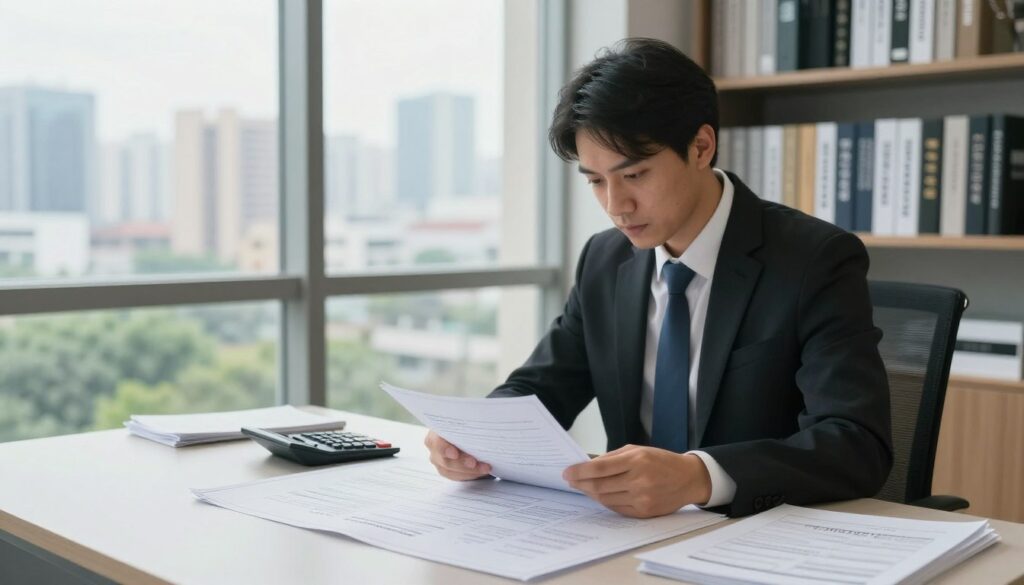 A professional appraiser in a modern office environment, dressed in smart business attire, is analyzing documents related to property valuation. In the foreground, a sleek desk is cluttered with blueprints, property assessment reports, and a high-end calculator. In the middle ground, a large window reveals a bustling cityscape, depicting urban architecture and greenery outside, under soft, natural daylight streaming in, creating an inviting atmosphere. The background features shelves filled with books on real estate and finance, portraying a sense of expertise and knowledge. The overall mood is focused and professional, emphasizing the importance of expert assessments and valuations in real estate. The angle captures both the appraiser's concentration and the details of their workspace, ensuring clarity and depth in the scene. A professional appraiser in a modern office environment, dressed in smart business attire, is analyzing documents related to property valuation. In the foreground, a sleek desk is cluttered with blueprints, property assessment reports, and a high-end calculator. In the middle ground, a large window reveals a bustling cityscape, depicting urban architecture and greenery outside, under soft, natural daylight streaming in, creating an inviting atmosphere. The background features shelves filled with books on real estate and finance, portraying a sense of expertise and knowledge. The overall mood is focused and professional, emphasizing the importance of expert assessments and valuations in real estate. The angle captures both the appraiser's concentration and the details of their workspace, ensuring clarity and depth in the scene.