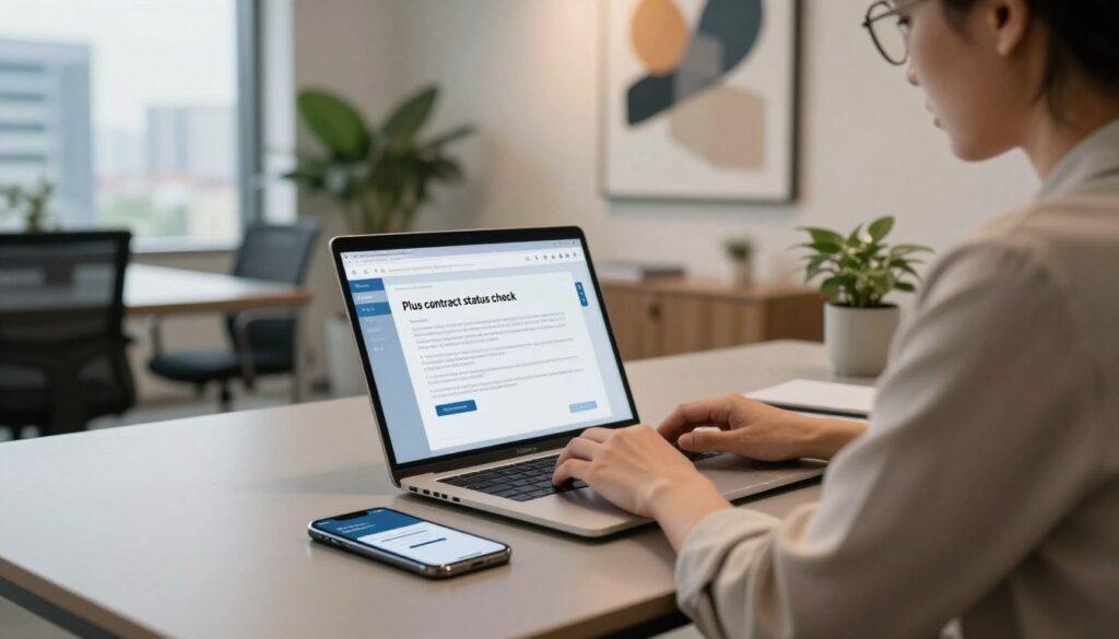A professional business person in modest casual attire is sitting at a sleek desk, focused on a laptop screen displaying the "Plus contract status check." In the foreground, a smartphone lies next to the laptop, displaying a digital activation code. The middle ground features an elegant office environment with soft lighting, showcasing a modern design with plants and abstract art on the walls. The background includes a large window with a view of a bustling cityscape, enhancing the atmosphere of professionalism and digital connectivity. The lighting is warm and inviting, creating a calm yet productive mood. The camera angle captures the scene from slightly above the desk, emphasizing the focus on the contract status and digital tools, while ensuring a clear and clean aesthetic.