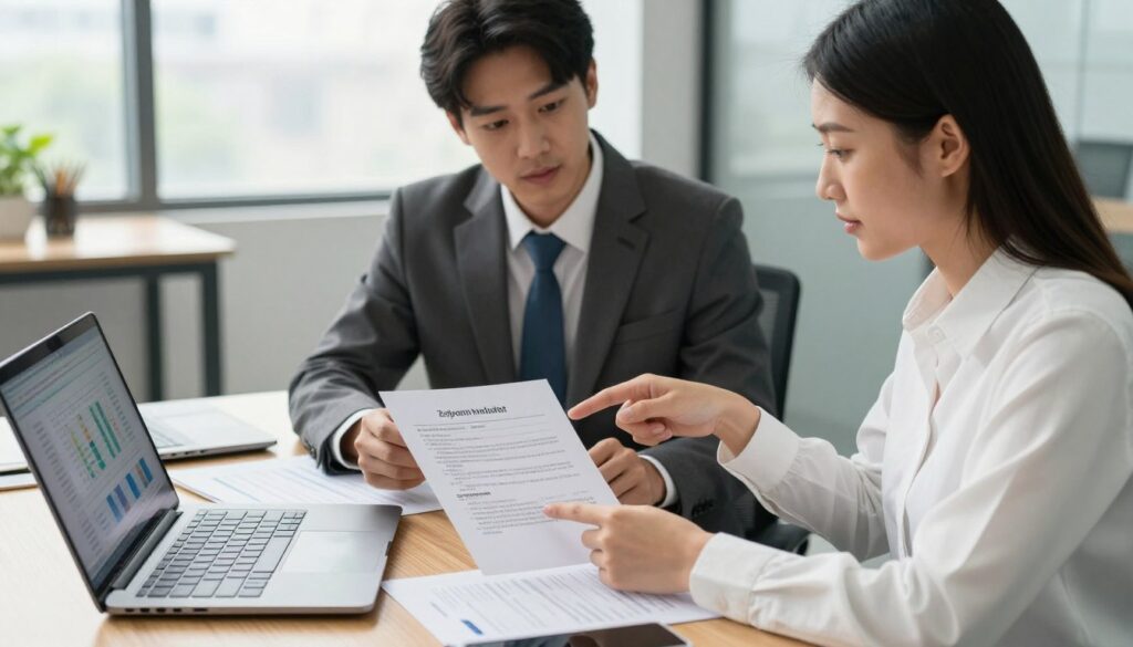 A professional business setting featuring a neatly organized desk with documents outlining the terms for refunding deposits. In the foreground, a laptop displaying a financial report. In the middle, two well-dressed individuals—a man in a tailored suit and a woman in a smart dress shirt—engaged in a discussion, pointing at a document with clear refund conditions. The background includes a modern office with large windows allowing natural light to flood the space, casting soft shadows. The atmosphere is focused and professional, conveying a sense of determination and clarity regarding financial transactions. The composition captures the seriousness of the topic with balanced lighting for a polished, formal appearance.