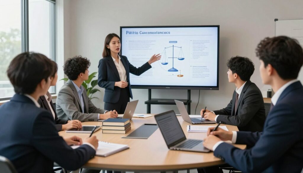 A professional conference setting featuring a group of diverse individuals engaged in a discussion about legal competencies. In the foreground, a woman in a smart blazer gestures towards a large, interactive digital presentation screen showing legal concepts and diagrams, while a man in a tailored suit takes notes. The middle ground showcases a round table filled with law books, legal documents, and laptops. In the background, soft lighting creates an inviting atmosphere with large windows allowing natural light to flood the room. The overall mood is focused and collaborative, emphasizing the practical implications and applications of legal abilities in a business environment. A professional conference setting featuring a group of diverse individuals engaged in a discussion about legal competencies. In the foreground, a woman in a smart blazer gestures towards a large, interactive digital presentation screen showing legal concepts and diagrams, while a man in a tailored suit takes notes. The middle ground showcases a round table filled with law books, legal documents, and laptops. In the background, soft lighting creates an inviting atmosphere with large windows allowing natural light to flood the room. The overall mood is focused and collaborative, emphasizing the practical implications and applications of legal abilities in a business environment.