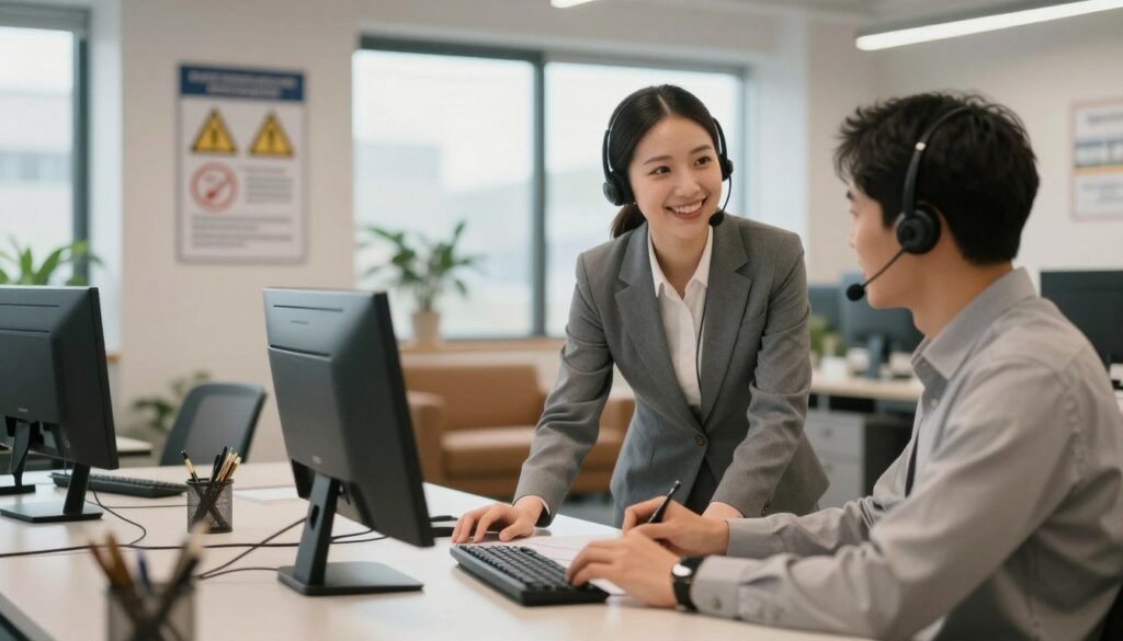 A professional customer service environment focusing on safety and support. In the foreground, a friendly customer service representative in business attire assists a client at a sleek, modern desk, demonstrating attentive communication. In the middle ground, a spacious, well-lit office space with comfortable seating and safety posters on the walls emphasizes a welcoming atmosphere. The background features a large window with natural light streaming in, giving a bright and optimistic feel. The overall mood is reassuring and supportive, conveying trust and professionalism. Soft ambient lighting enhances the setting, ensuring a warm and inviting atmosphere, while the camera angle captures both the representative and the client in an engaged discussion.