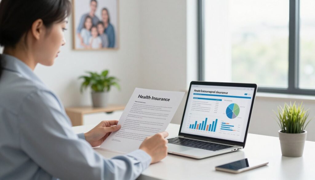 A professional financial advisor seated at a modern office desk, wearing business attire, examining health insurance documents. In the foreground, a laptop displaying graphs and charts related to health insurance options. In the middle ground, a family portrait hanging on the wall, symbolizing family health concerns, and a potted plant adding a touch of warmth. The background showcases a large window letting in natural light, illuminating the workspace and creating a welcoming atmosphere. The mood is collaborative and informative, highlighting practical advice for individuals with civil law contracts regarding health insurance. The lighting is bright and inviting, emphasizing the importance of health and financial security. A professional financial advisor seated at a modern office desk, wearing business attire, examining health insurance documents. In the foreground, a laptop displaying graphs and charts related to health insurance options. In the middle ground, a family portrait hanging on the wall, symbolizing family health concerns, and a potted plant adding a touch of warmth. The background showcases a large window letting in natural light, illuminating the workspace and creating a welcoming atmosphere. The mood is collaborative and informative, highlighting practical advice for individuals with civil law contracts regarding health insurance. The lighting is bright and inviting, emphasizing the importance of health and financial security.