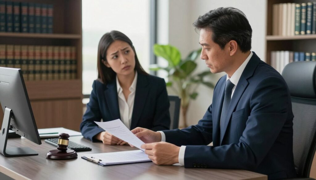 A professional lawyer offering support during a divorce process, sitting at a sleek, modern office desk. In the foreground, the lawyer, a middle-aged man in a sharp navy suit, is attentively reviewing legal documents spread out before him. In the middle ground, a concerned client, a woman in a smart business casual outfit, is seated across from him, looking up with a mix of hope and uncertainty. The background features bookshelves filled with legal books, a window with soft natural light streaming in, and a potted plant adding a touch of warmth. The atmosphere is focused and supportive, emphasizing collaboration and professionalism, with soft lighting creating an inviting ambiance. The image captures the seriousness of legal matters while highlighting the human aspect of legal support.