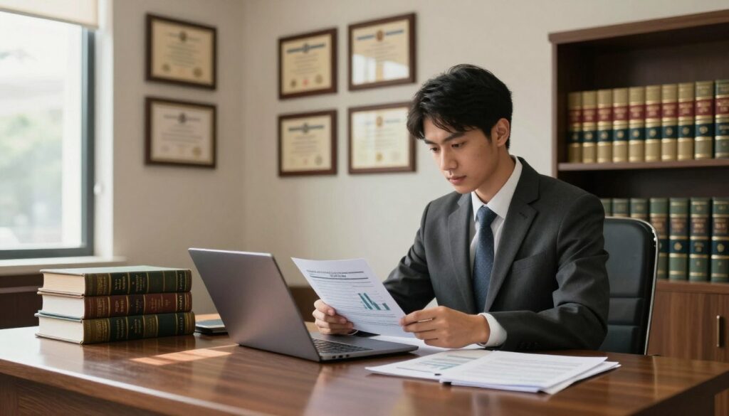 A professional lawyer's office interior, showcasing a polished wooden desk with legal books and documents neatly arranged. In the foreground, a focused young lawyer in professional business attire is analyzing financial reports on a laptop. The middle ground features a wall with framed diplomas and a bookshelf filled with legal texts. In the background, large windows allow natural light to flood the room, casting soft shadows and creating an atmosphere of professionalism and success. The setting should convey a sense of authority and trust, with warm lighting enhancing the mood, highlighting the dedication and earnings of legal professionals. Shot with a slightly low angle to emphasize the stature of the lawyer and the importance of their work.