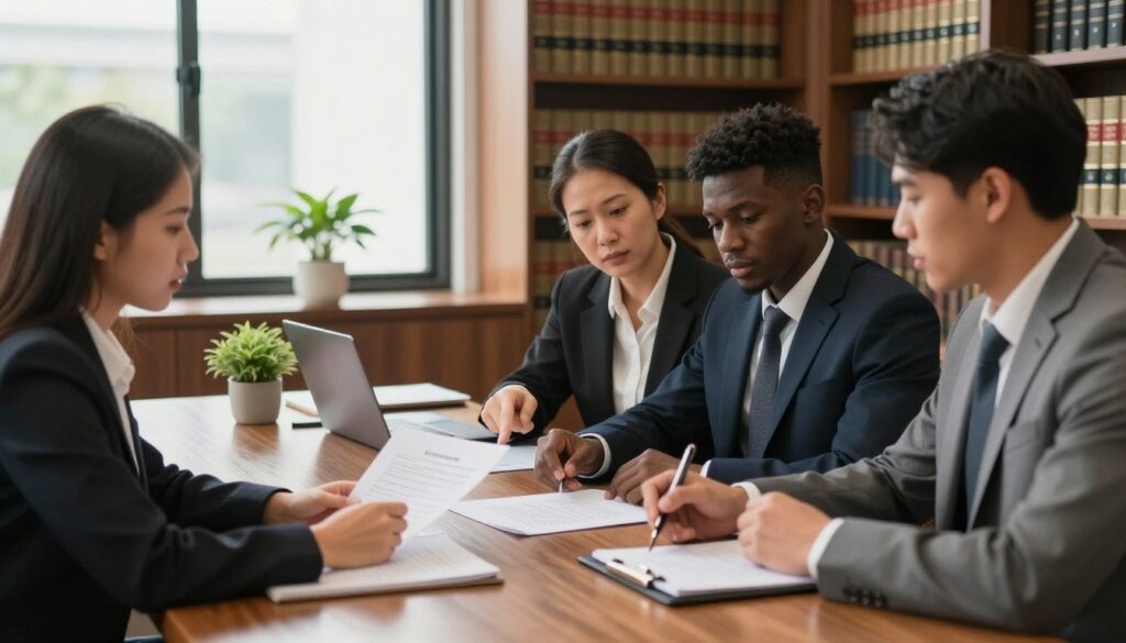 A professional legal setting illustrating the concept of legal interest. In the foreground, a diverse group of three professionals in business attire are engaged in a discussion over legal documents. One individual, a middle-aged woman of Asian descent, points at a document, while a young Black man takes notes. The background features shelves lined with law books and a large window allowing natural light to illuminate the scene. Soft, warm lighting enhances the atmosphere, suggesting an air of collaboration and determination. The middle ground contains a large wooden conference table covered with papers, a laptop, and a decorative plant. The overall mood is serious yet constructive, reflecting the importance of legal precedents and examples related to legal interest in law. A professional legal setting illustrating the concept of legal interest. In the foreground, a diverse group of three professionals in business attire are engaged in a discussion over legal documents. One individual, a middle-aged woman of Asian descent, points at a document, while a young Black man takes notes. The background features shelves lined with law books and a large window allowing natural light to illuminate the scene. Soft, warm lighting enhances the atmosphere, suggesting an air of collaboration and determination. The middle ground contains a large wooden conference table covered with papers, a laptop, and a decorative plant. The overall mood is serious yet constructive, reflecting the importance of legal precedents and examples related to legal interest in law.