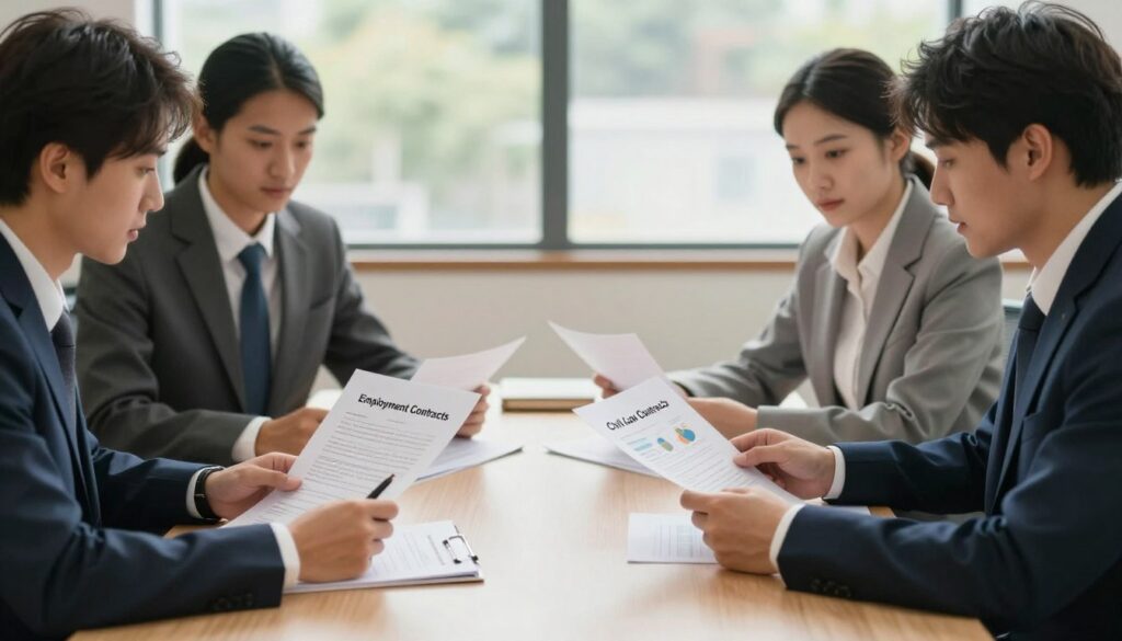 A professional meeting room setting with two distinct tables side by side, one labeled "Employment Contracts" and the other "Civil Law Contracts." In the foreground, a diverse group of three professionals in business attire—two men and one woman—engaging in discussion while reviewing documents. In the middle ground, clearly visible charts and graphs comparing the benefits of each contract type. The background should feature a large window letting in soft natural light, creating a warm and collaborative atmosphere. Use a shallow depth of field to focus on the professionals and the documents, leaving the background slightly blurred. The overall mood is informative yet inviting, emphasizing the clarity of information on employment contracts.