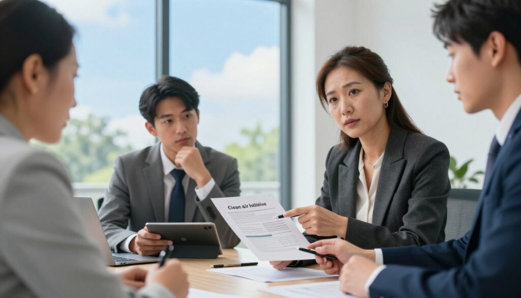A professional, modern office environment showcasing a diverse group of business professionals gathered around a large table, engaged in a serious discussion about funding opportunities for a clean air initiative. In the foreground, a middle-aged woman in smart business attire is presenting a document, pointing at important details with a pen. In the middle, a young man, dressed in formal attire, looks on thoughtfully, taking notes on a tablet. The background displays a large window with bright, natural light streaming in, revealing a clear blue sky and greenery outside, symbolizing clean air. The atmosphere is focused and collaborative, highlighting practicality and teamwork in achieving environmental goals, with a subtle hint of urgency in the professionals' expressions.