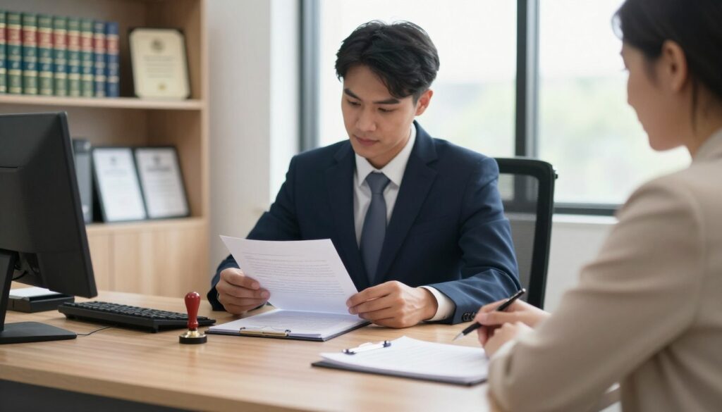 A professional notary office setting, with a wooden desk in the foreground showcasing a notary seal, pen, and legal documents. The middle ground features a well-dressed notary in a crisp suit, examining a document while sitting across from a client dressed in business attire, conveying trust and professionalism. Bright, natural light floods the room through large windows, creating a warm atmosphere. In the background, shelves lined with law books and certificates add depth and authenticity to the scene. A soft focus effect enhances the calm, reassuring mood, emphasizing the importance of notarial services. The image captures the essence of practical aspects of notarial services, showcasing professionalism and reliability. No text or overlays present.